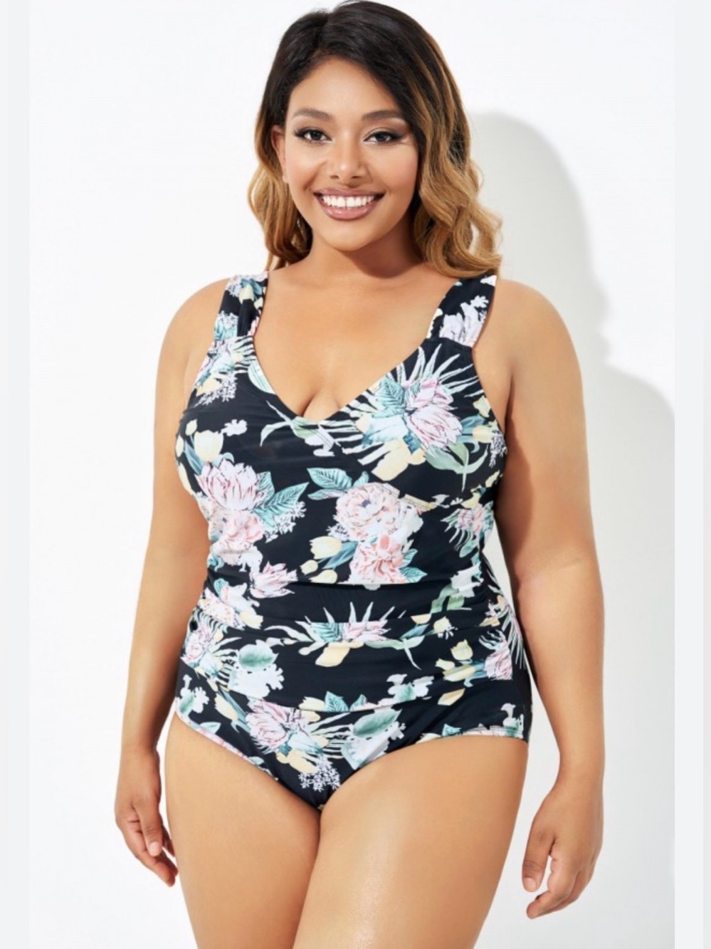 Plus-Size Floral V-Neck One-Piece Swimsuit - Black Floral